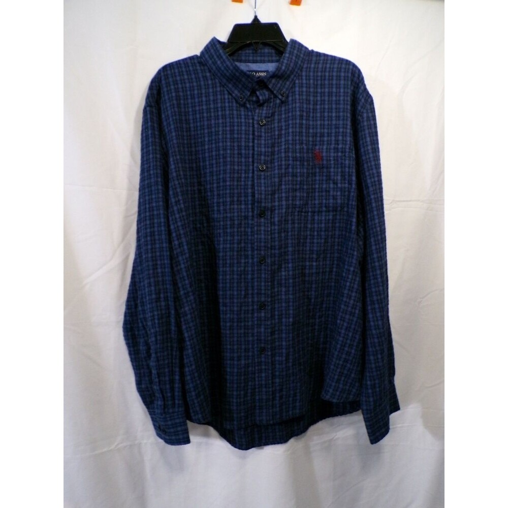 U.S. Polo Assn. Men's Blue Plaid Long Sleeve T-Shirt 2XL Collared Embroidered